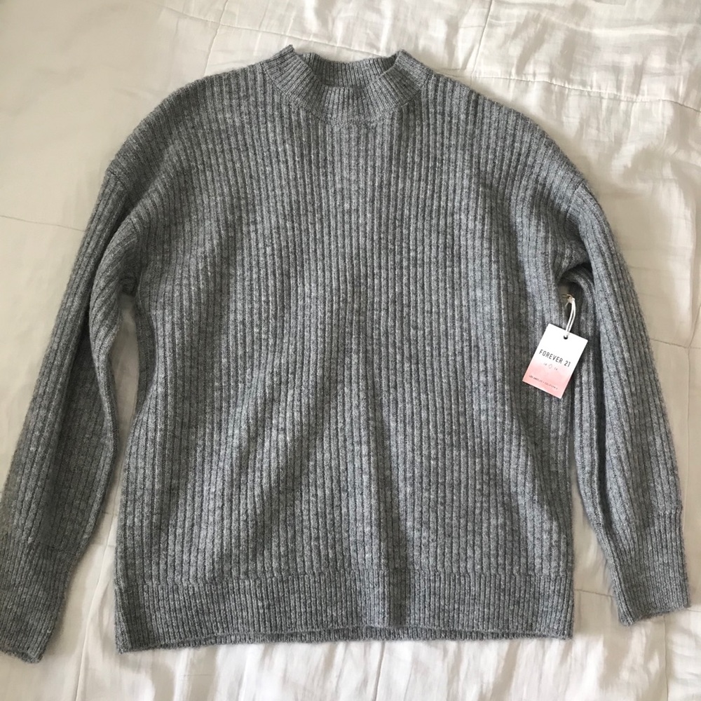 Gray Knit Ribbed Cowlneck Sweater